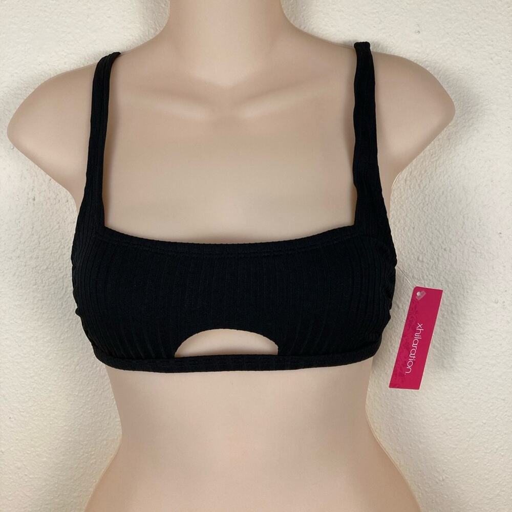 Xhilaration Bathing Swim Suit Top Size XS Black Ribbed Knit Cut Out in Center